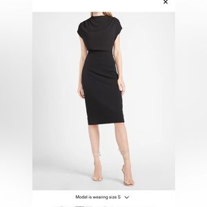 Draped Mock Neck Midi Sheath Dress